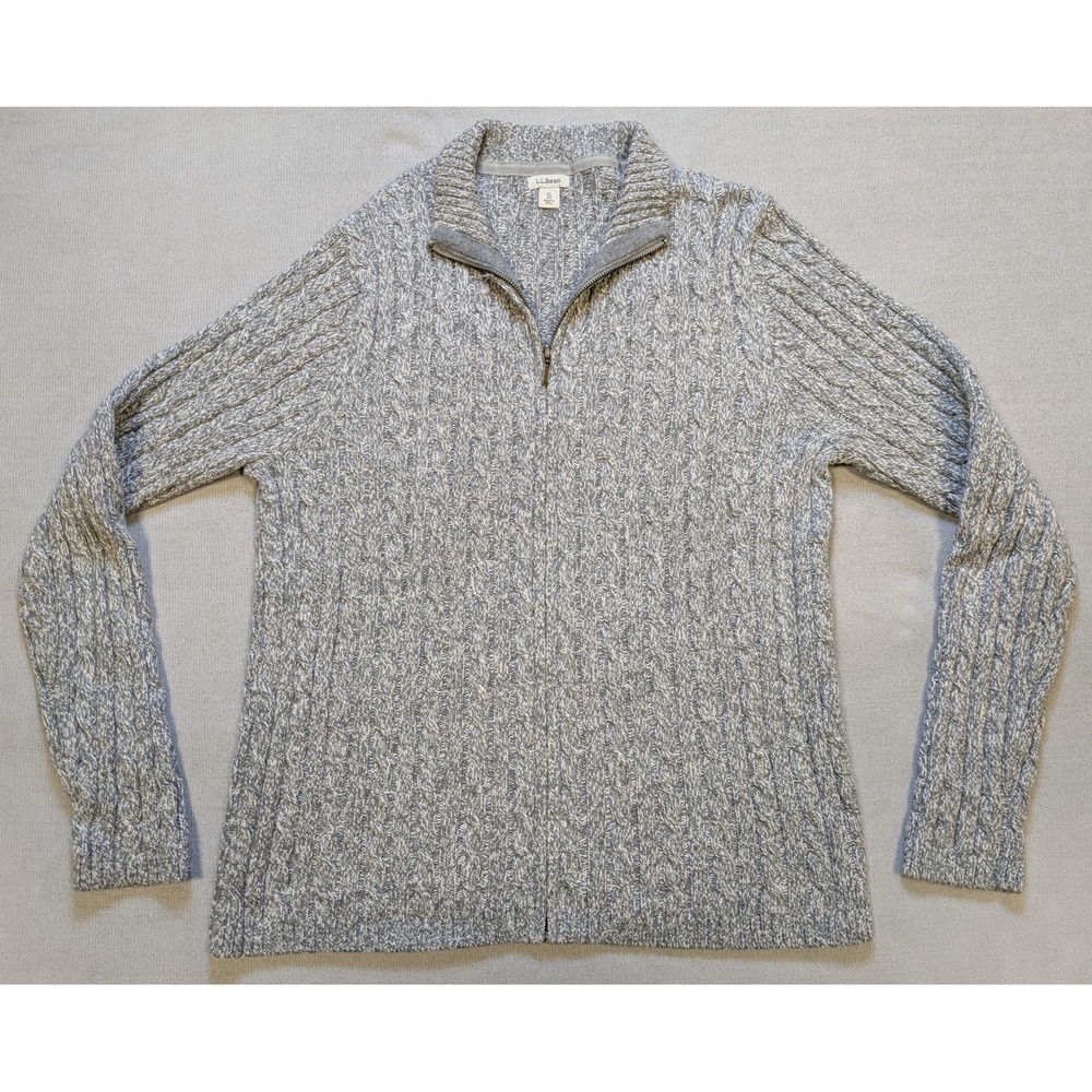 LL Bean Sweater Womens XL Gray Cable Knit Full Zip Cardigan Fisherman Cotton